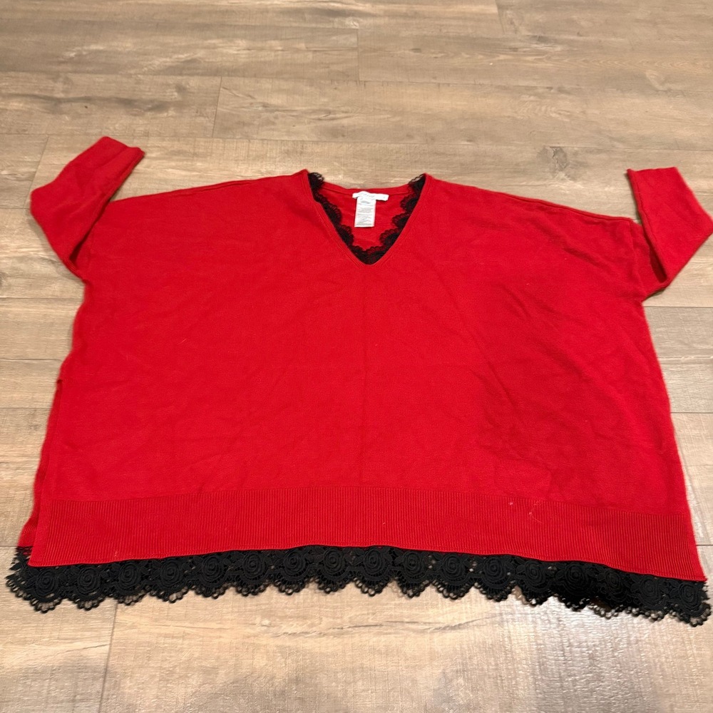 Chico's Oversized Sweater Women L/XL Red Excellent Lace Trim V-Neck Boxy Knit